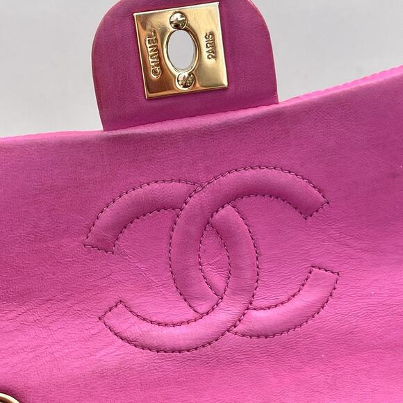 Chanel Small Square Classic Flap Pink Lambskin Leather 24k Gold Plates Hardware - Picture 13 of 16